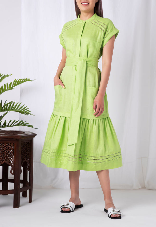 Choice Patch Pocket Ruffle Trim Dress Green - Wardrobe Fashion