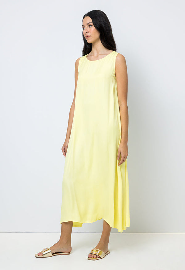 Choice Solid Sleeveless Crew Collar Dress Yellow