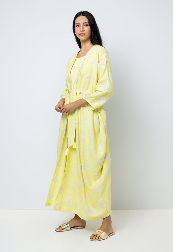 Choice Embroidered Sequins Kimono Sleeves Abaya Yellow