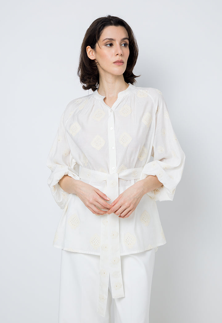 Choice Solid Embroidered Long Sleeves Shirt Offwhite