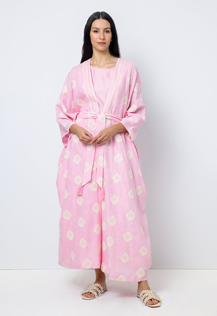 Choice Embroidered Sequins Kimono Sleeves Abaya Pink