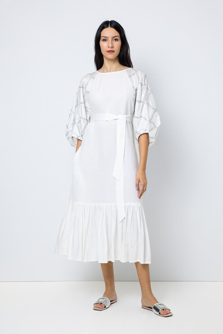 Choice Three Quarter Raglan Sleeves Belted Dress Offwhite