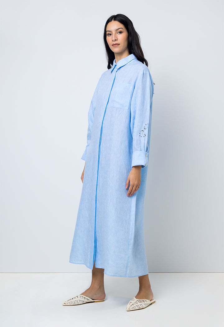 Choice Solid Long Sleeves Maxi Shirt Dress Light Blue