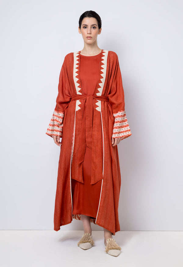 Choice Embroidered Kimono Sleeves Maxi Abaya Brick