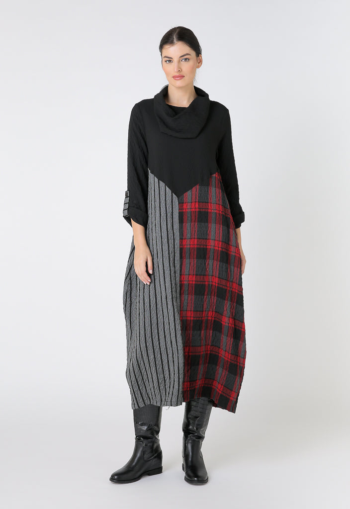 Choice Plaid-Striped Long Sleeve Midi Dress Red-Black