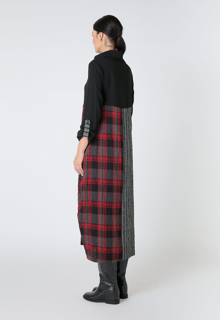 Choice Plaid-Striped Long Sleeve Midi Dress Red-Black