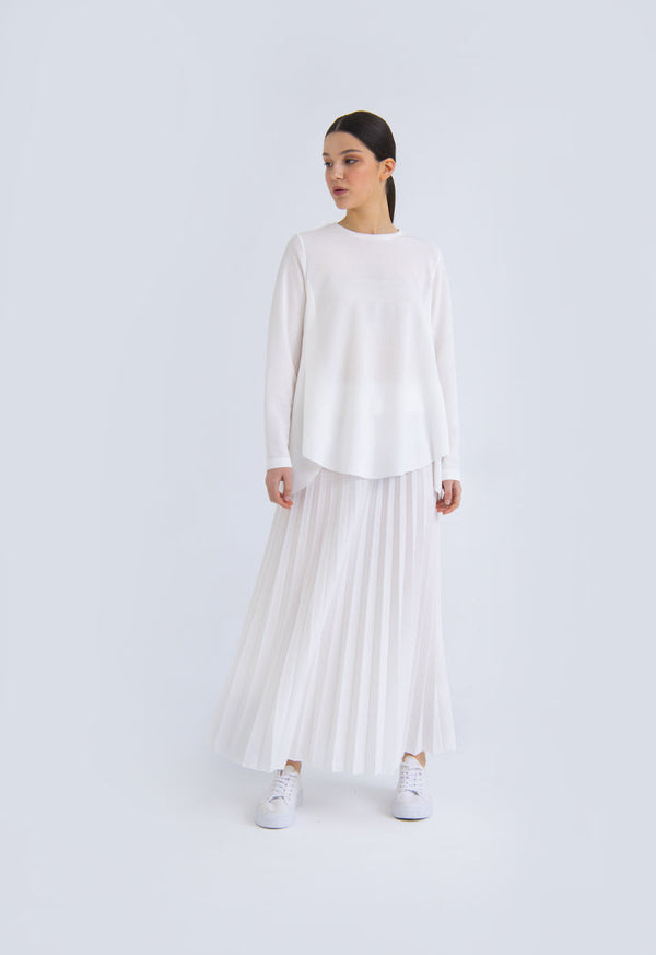 Choice Solid Color Knitted Pleated Long Skirt Off White