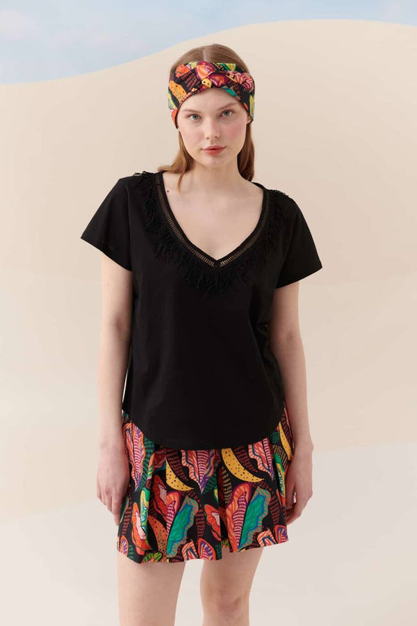 Roman Fringed Detailed T-Shirt Black