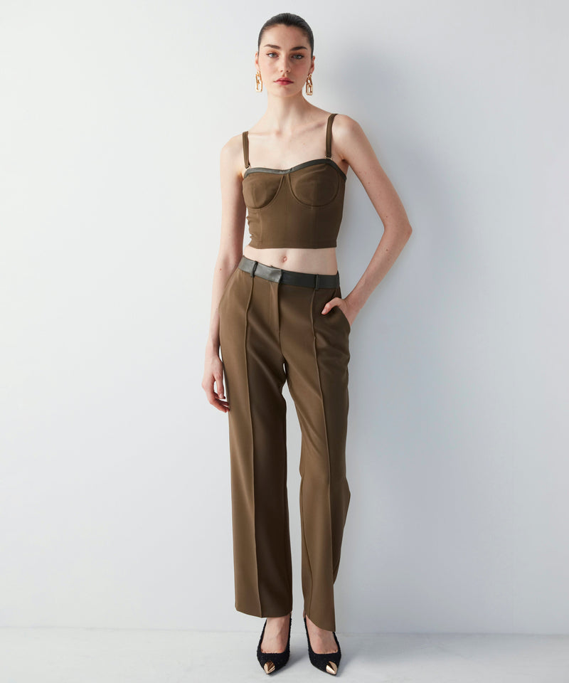 Ipekyol Leather Mix Straight Fit Trousers
 Khaki