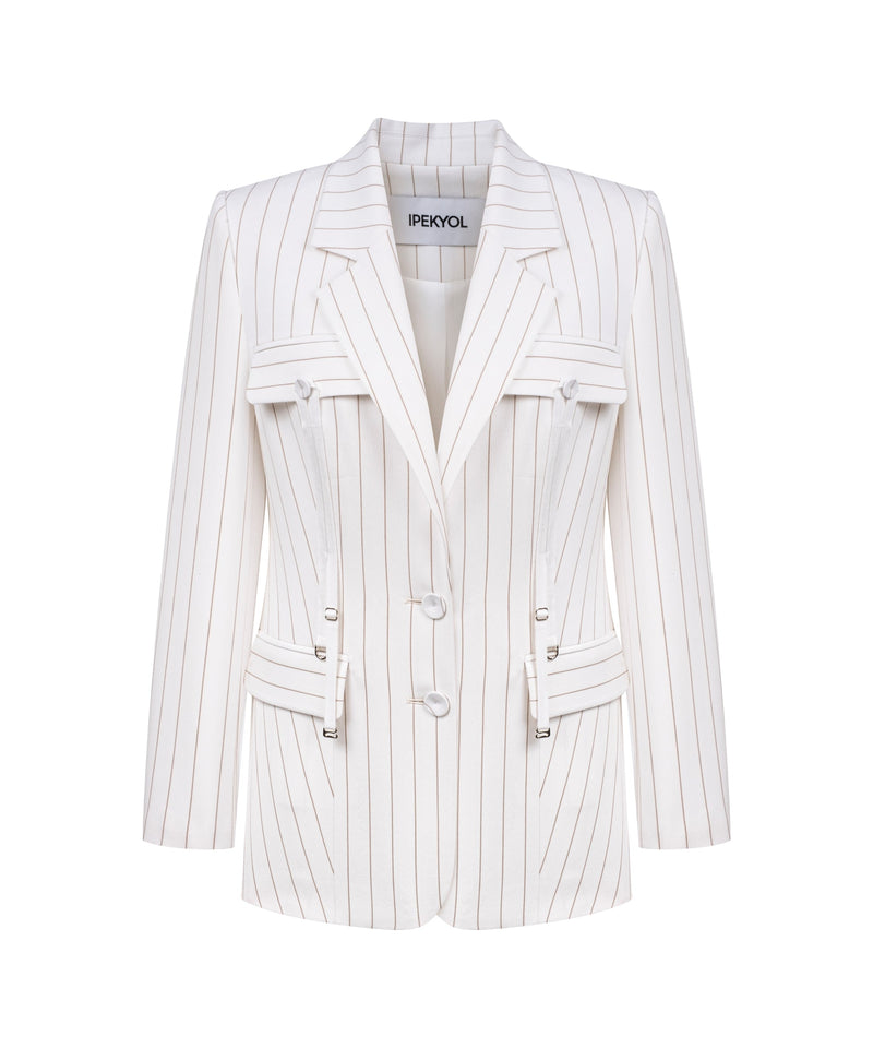 Ipekyol Striped Blazer With Adjustable Grosgrain Detail Ecru