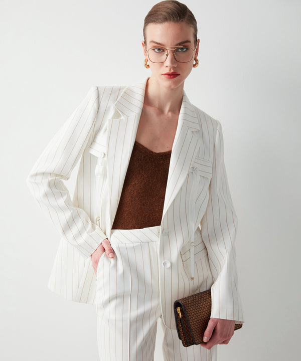 Ipekyol Striped Blazer With Adjustable Grosgrain Detail Ecru