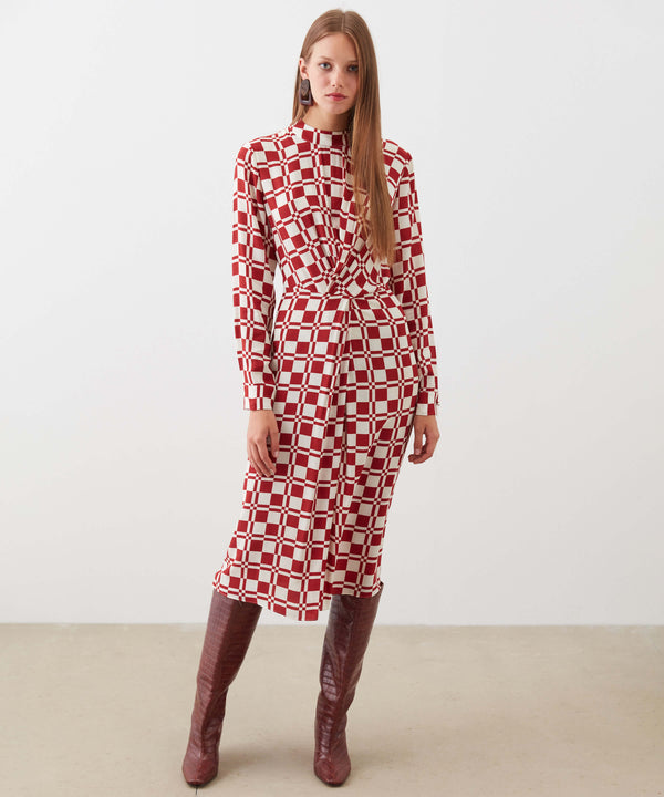 Ipekyol Square Pattern Midi Dress Cherry