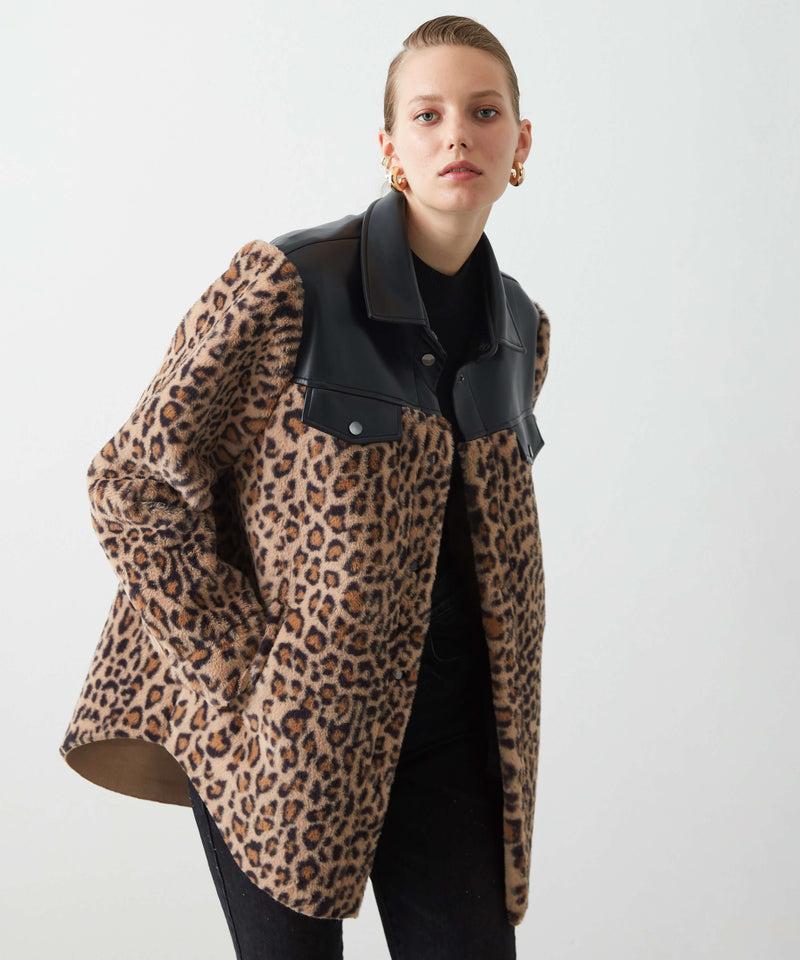 Ipekyol Leopard Pattern Mix Coat Brown