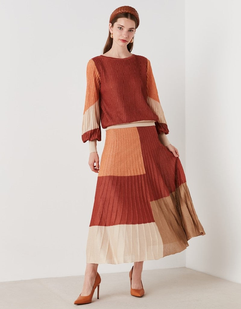 Ipekyol Color Block Pleated Skirt Old Rose