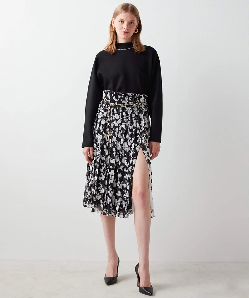 Ipekyol Floral Print Skirt With Side Slit Black