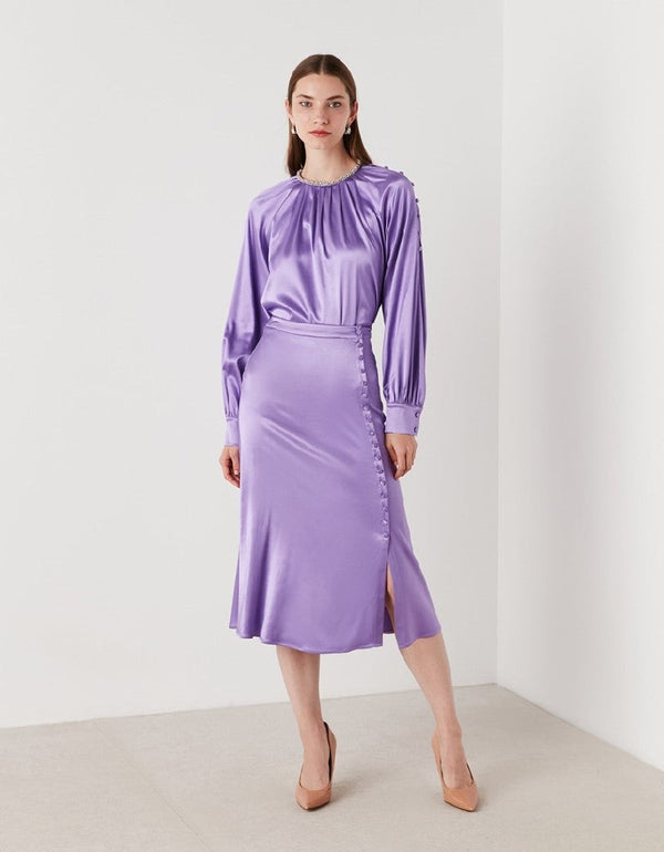 Ipekyol Embellished Neck Gathered Blouse Lilac