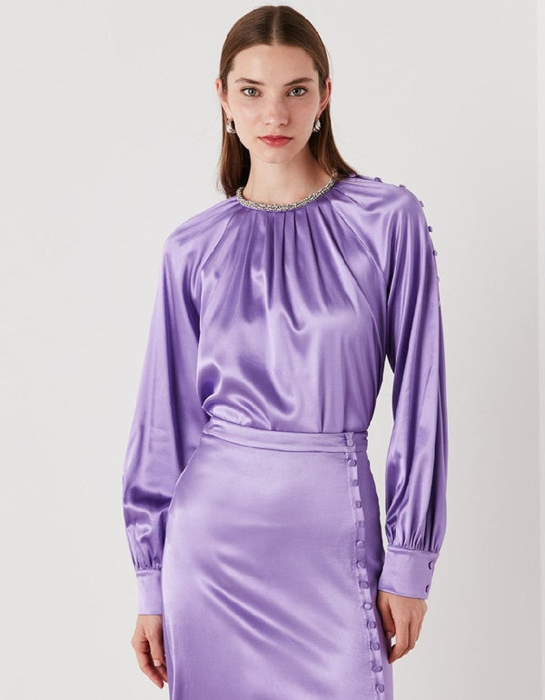 Ipekyol Embellished Neck Gathered Blouse Lilac