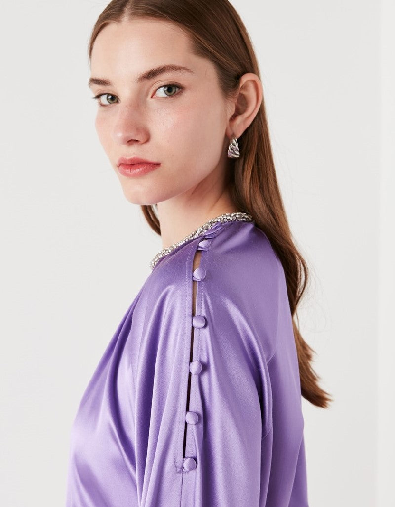 Ipekyol Embellished Neck Gathered Blouse Lilac