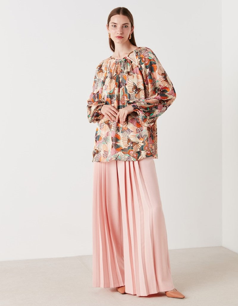 Ipekyol Stylish Cutout Neck Printed Blouse Powder