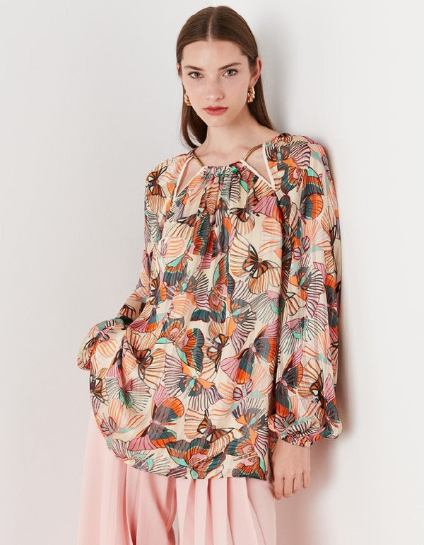 Ipekyol Stylish Cutout Neck Printed Blouse Powder