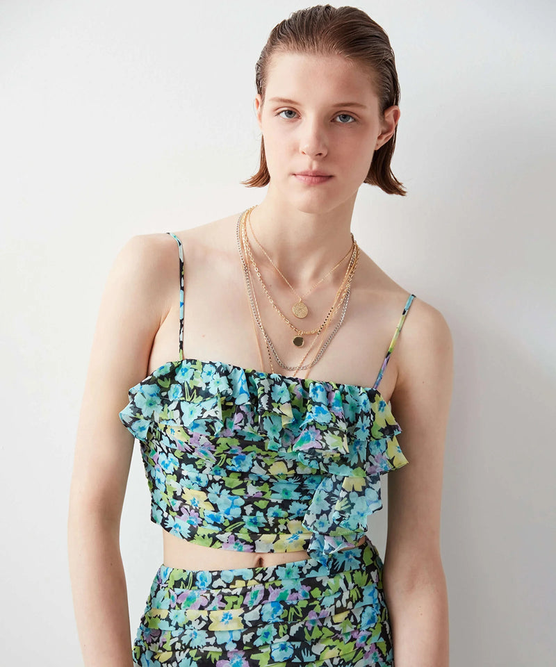 Ipekyol Pleated Flounce Print Crop Top Blue