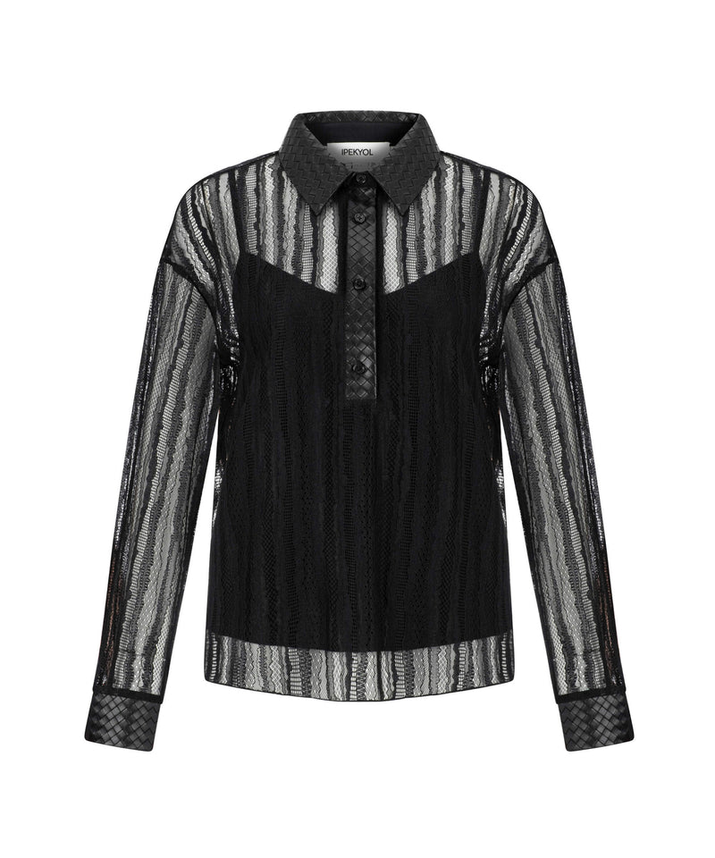 Ipekyol Feminine Lace Blouse With Pu Collar Black