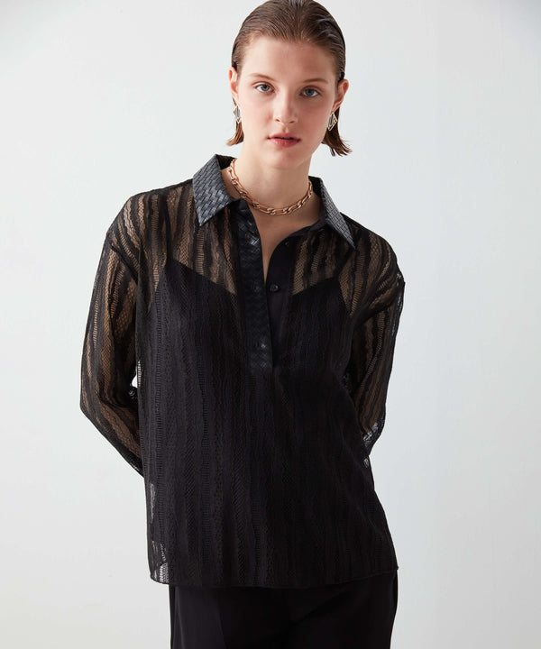 Ipekyol Feminine Lace Blouse With Pu Collar Black