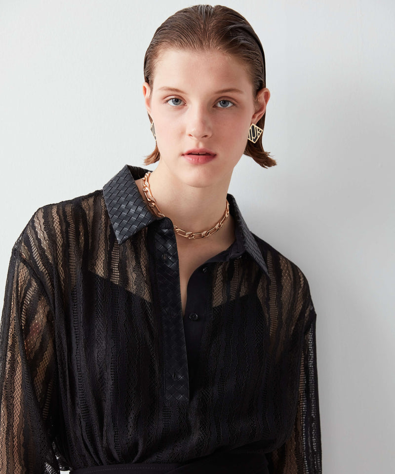 Ipekyol Feminine Lace Blouse With Pu Collar Black