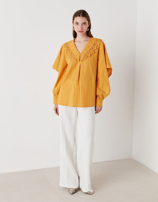 Ipekyol Collar Lace Detail Blouse Mustard