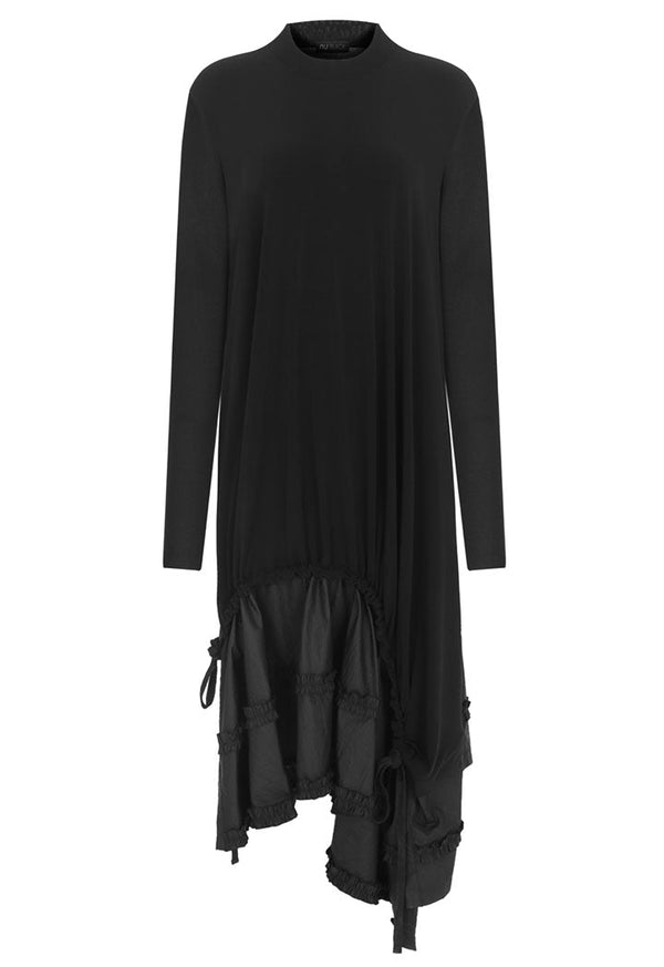 Nu Long Sleeve Asymmetrical Tiered Hem Dress Black