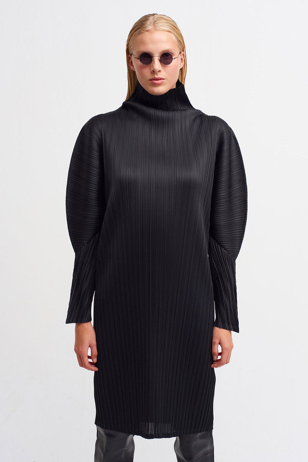 Nu Long Sleeve Pleated Dress Black