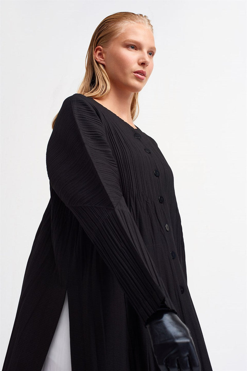 Nu Long Sleeve Pleated Mini Dress Black