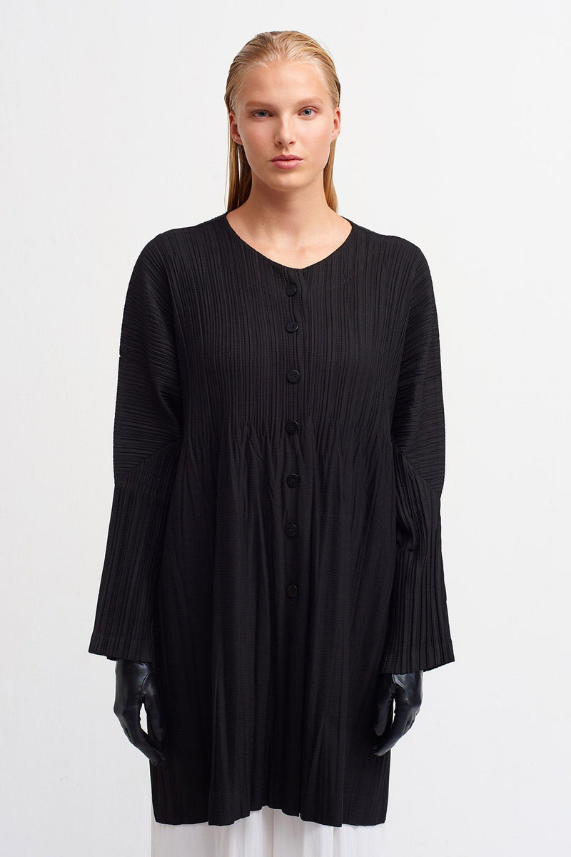 Nu Long Sleeve Pleated Mini Dress Black