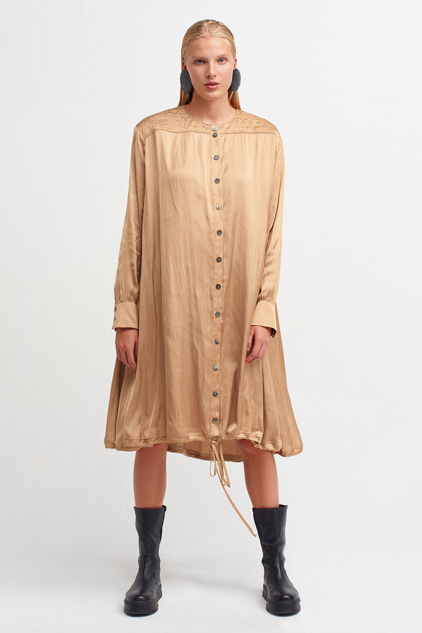 Nu Long Sleeve Quilted Detail Dress Beige