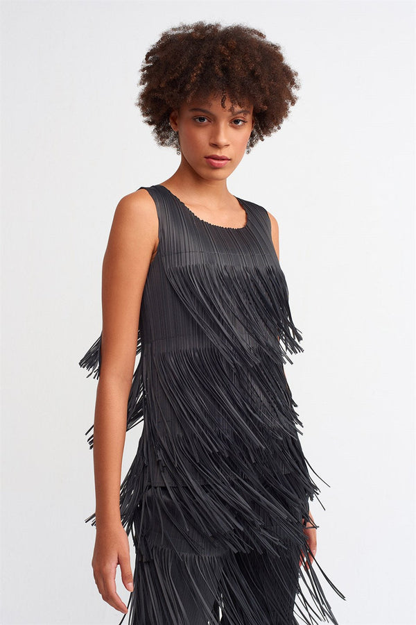 Nu Layered Fringe Blouse Ebony