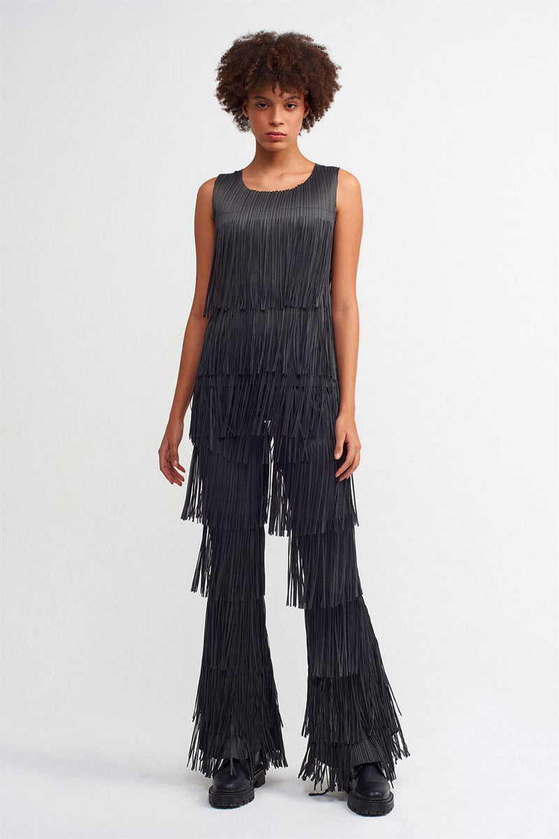 Nu Layered Fringe Blouse Ebony