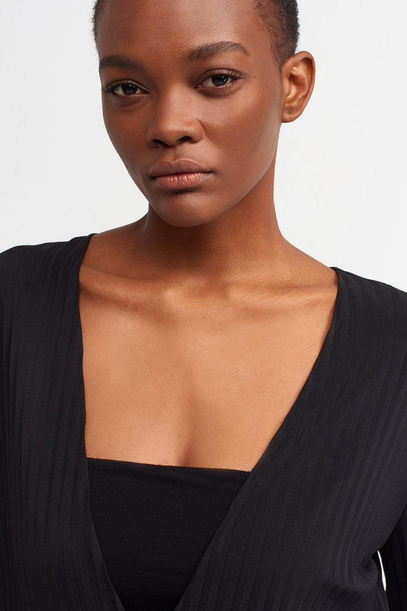 Nu  Deep V-Neck Ribbed Blouse Black