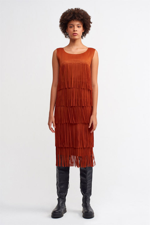 Nu Layered Fringe Pleated Dress Terra Cotta