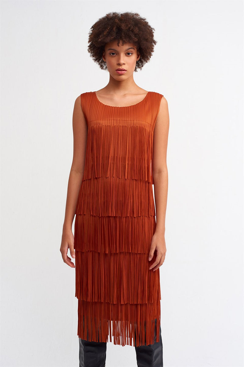 Nu Layered Fringe Pleated Dress Terra Cotta