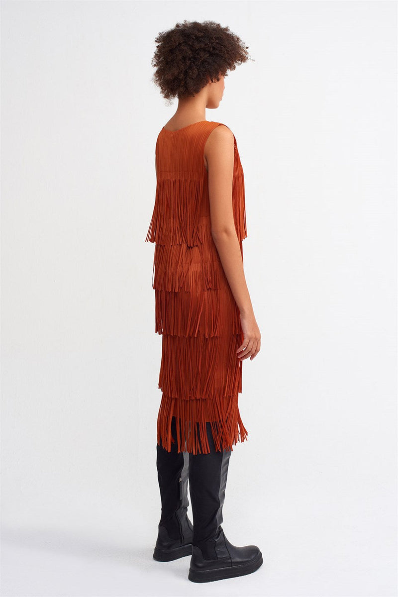 Nu Layered Fringe Pleated Dress Terra Cotta