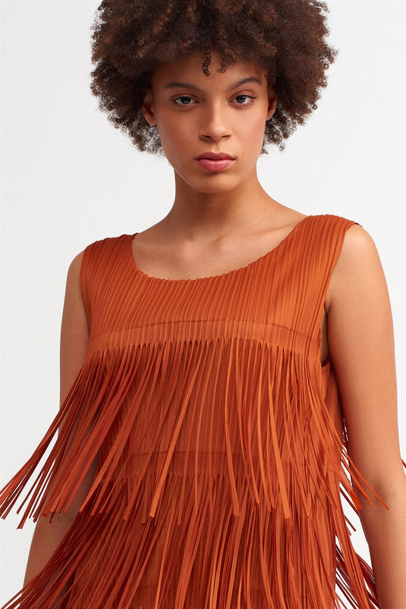 Nu Layered Fringe Pleated Dress Terra Cotta