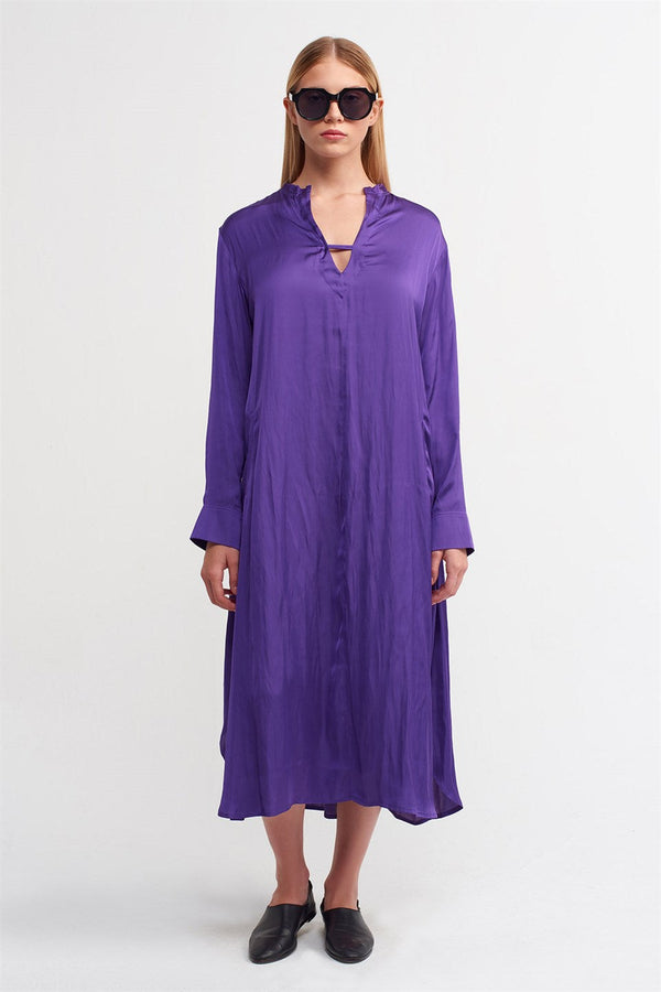 Nu  V-Neck Satin Midi Dress Royal Purple