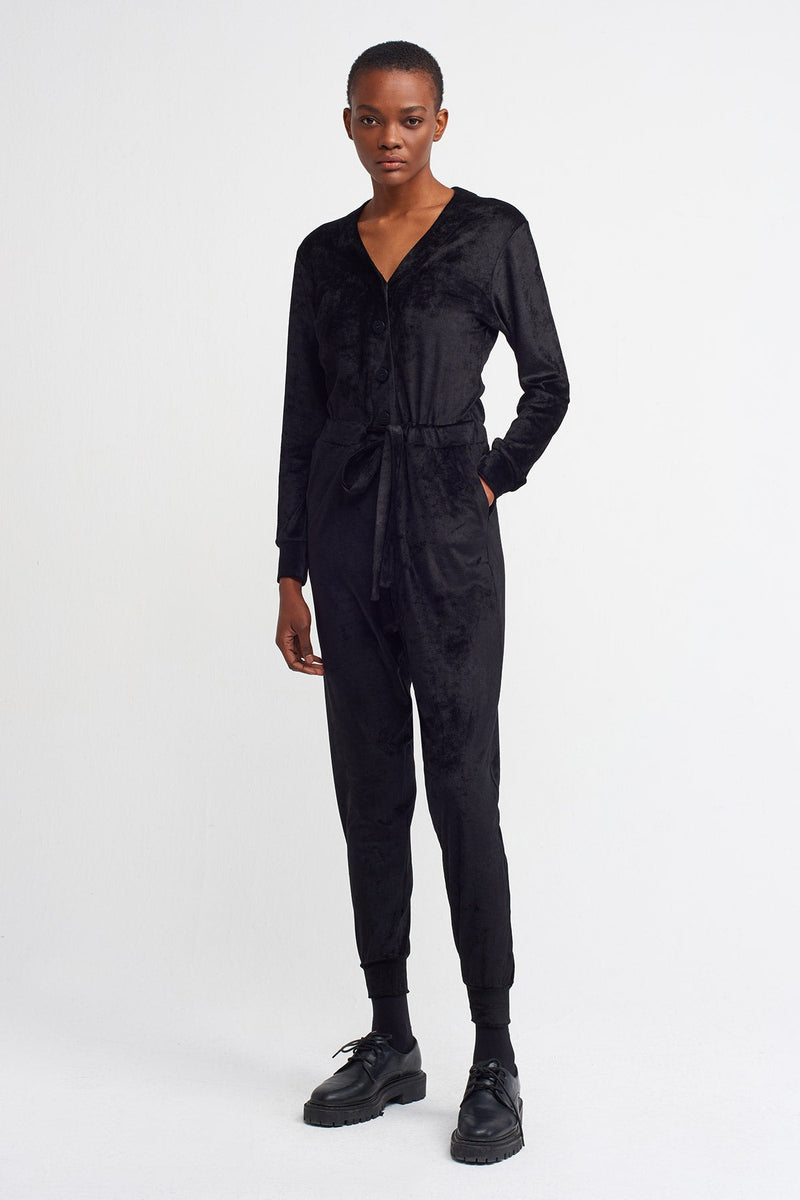 Nu  Velvet Belted Jumpsuit Black