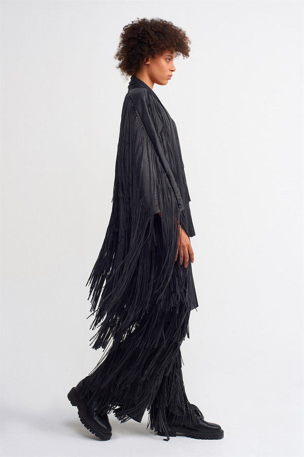 Nu Fringe Detail Pleated Outerwear Ebony