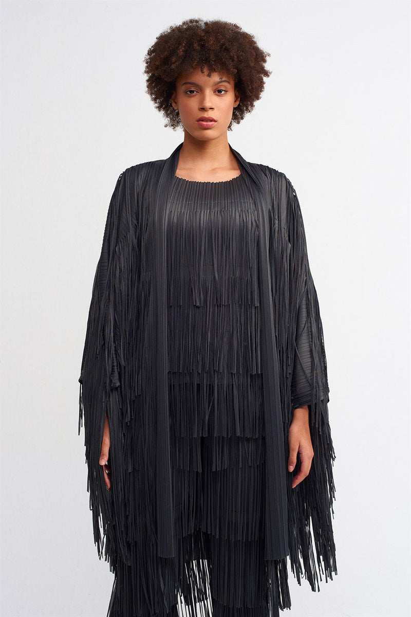 Nu Fringe Detail Pleated Outerwear Ebony