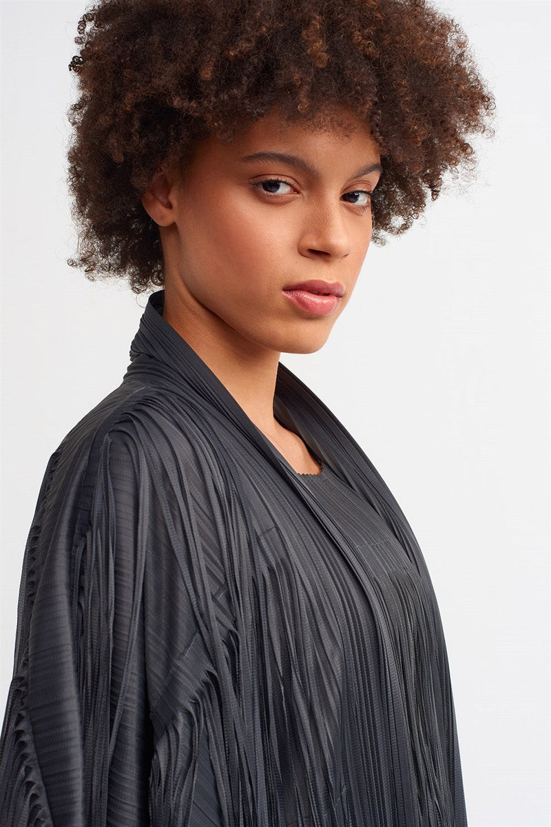 Nu Fringe Detail Pleated Outerwear Ebony