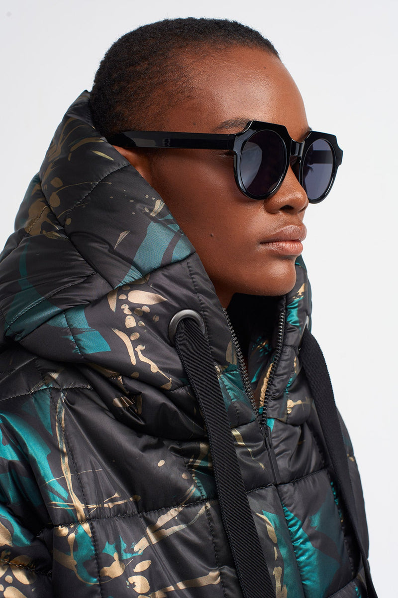 Nu  Printed Hooded Quilted Coat Printed