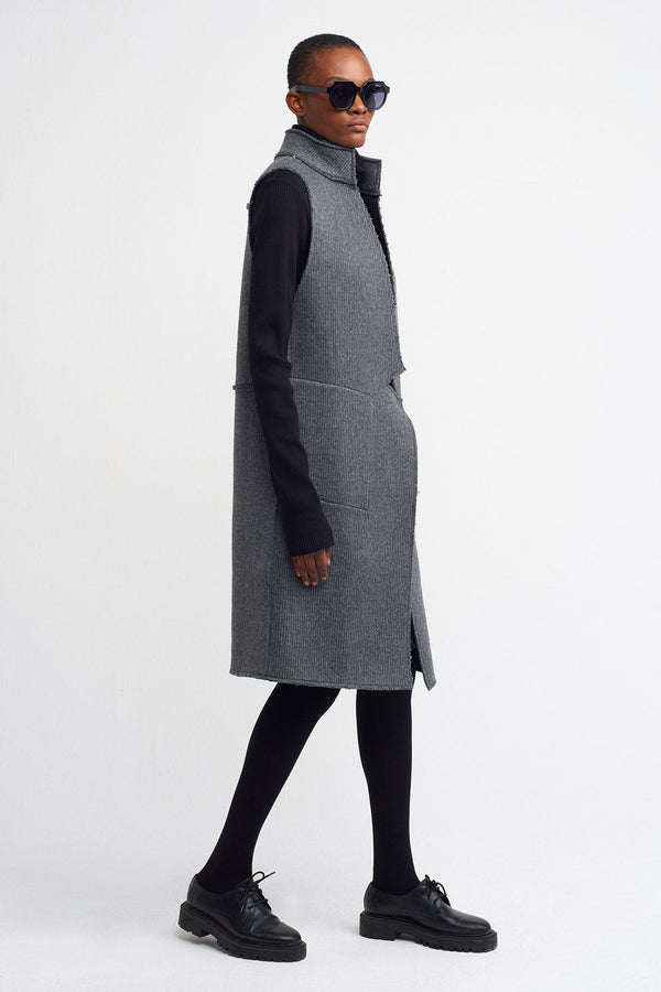 Nu  Stand-Up Collar Long Vest Grey Melanj