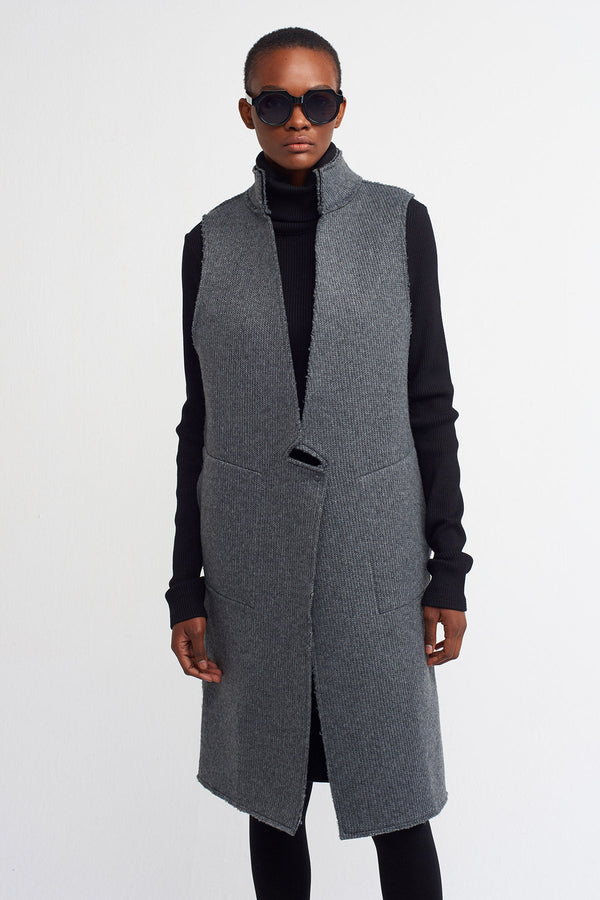 Nu  Stand-Up Collar Long Vest Grey Melanj