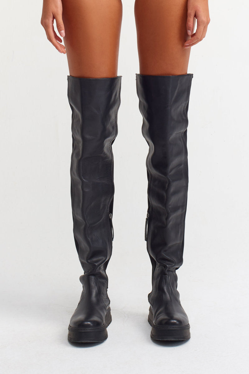 Nu Pu Leather Knee Boots  Black